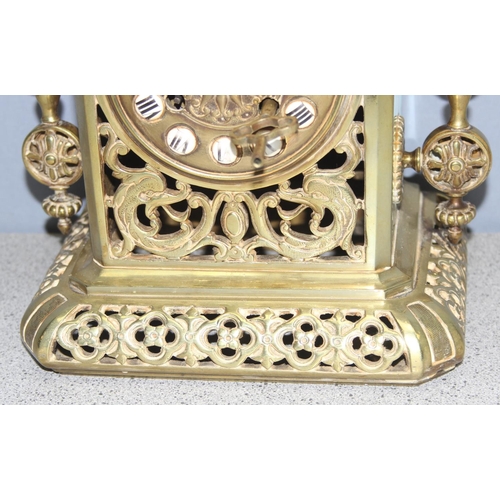 1310 - Ornate antique brass cased mechanical mantel clock, possibly French, approx 37cm H