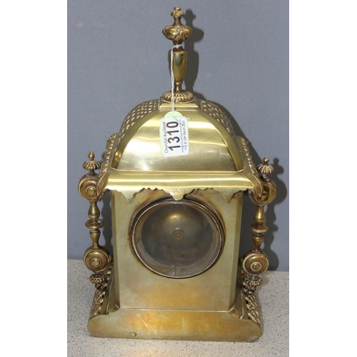 1310 - Ornate antique brass cased mechanical mantel clock, possibly French, approx 37cm H