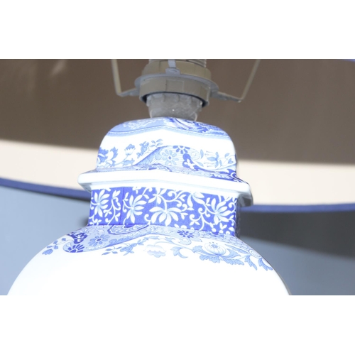 257 - A Spode blue and white Italian pattern table lamp with shade, approx 60cm tall inc shade