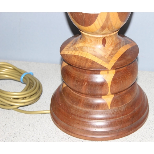 260 - Vintage hand made turned wooden lamp base with shade, base approx 76cm with shade