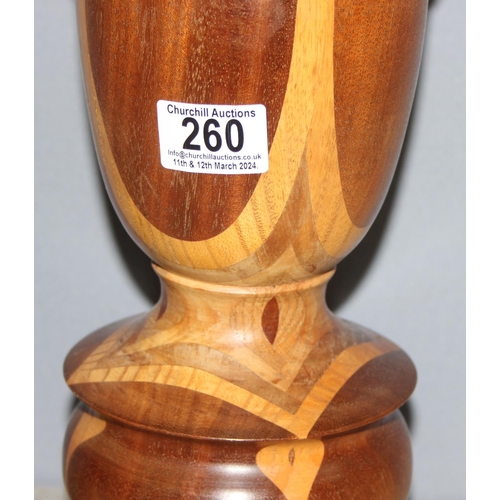 260 - Vintage hand made turned wooden lamp base with shade, base approx 76cm with shade