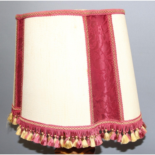 260 - Vintage hand made turned wooden lamp base with shade, base approx 76cm with shade