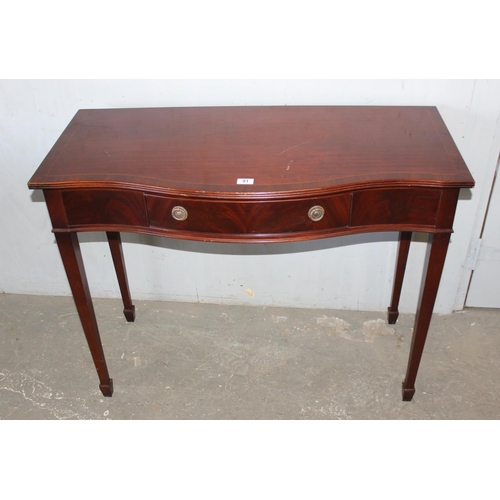 91 - Mahogany serpentine hall table with single drawer, approx 108cm wide x 50cm deep x 84cm tall