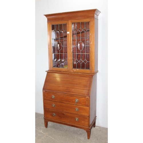 92 - Mahogany bureau bookcase with leaded glass top, approx 96cm wide x 28cm deep x 209cm tall