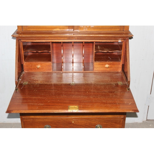 92 - Mahogany bureau bookcase with leaded glass top, approx 96cm wide x 28cm deep x 209cm tall