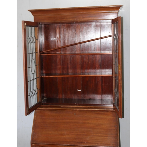 92 - Mahogany bureau bookcase with leaded glass top, approx 96cm wide x 28cm deep x 209cm tall