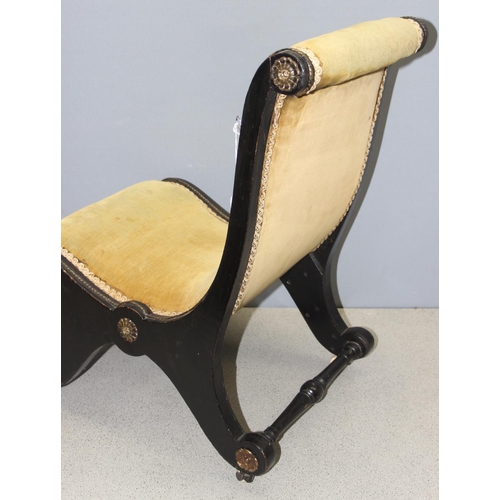 103 - Antique mahogany framed upholstered slipper chair on castors