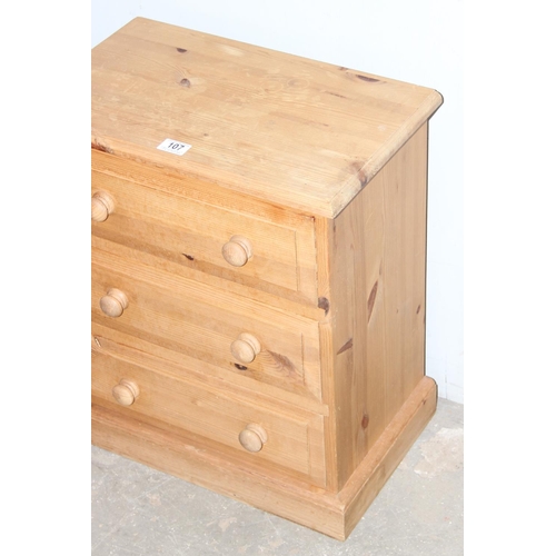 107 - Small solid pine three drawer dovetail constructed chest of drawers, approx 52cm wide x 31cm deep x ... 