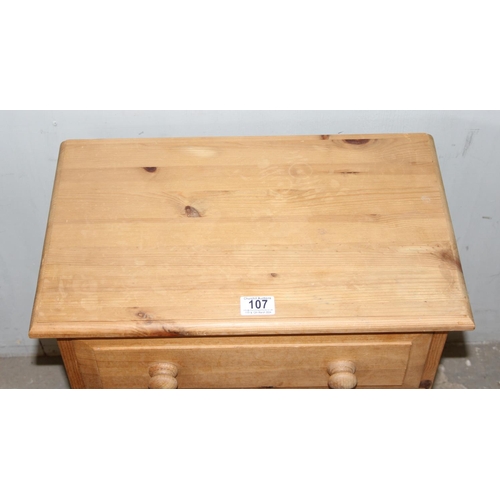 107 - Small solid pine three drawer dovetail constructed chest of drawers, approx 52cm wide x 31cm deep x ... 