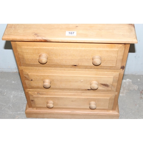 107 - Small solid pine three drawer dovetail constructed chest of drawers, approx 52cm wide x 31cm deep x ... 