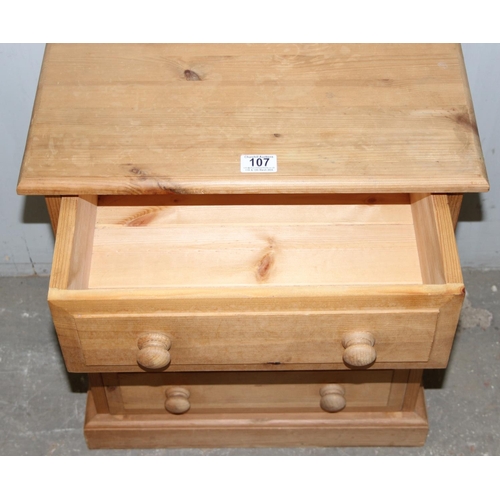 107 - Small solid pine three drawer dovetail constructed chest of drawers, approx 52cm wide x 31cm deep x ... 