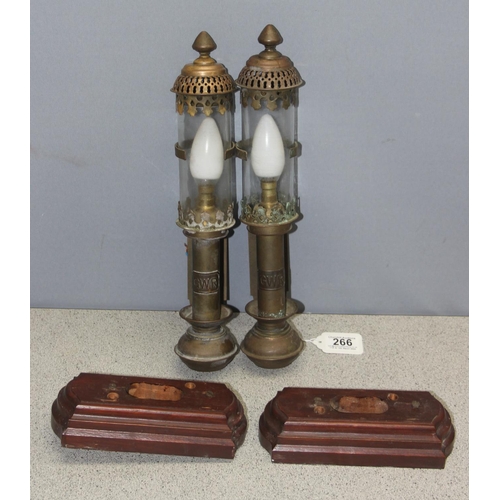 266 - Pair of reproduction GWR style lamps with wooden backing mounts, approx 38cm
