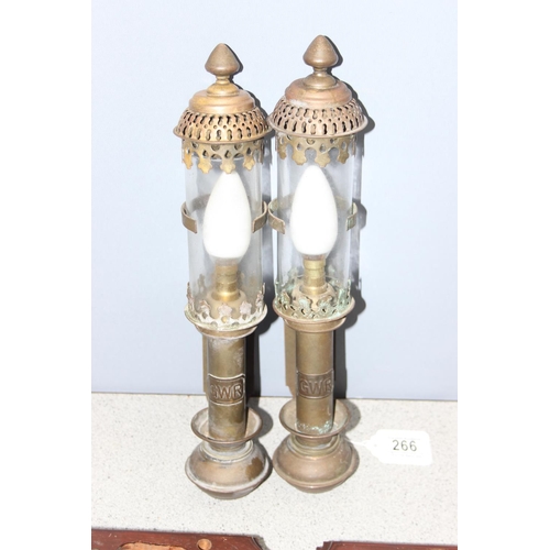 266 - Pair of reproduction GWR style lamps with wooden backing mounts, approx 38cm