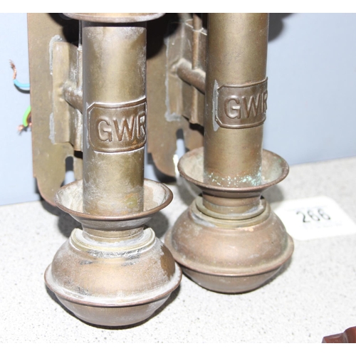 266 - Pair of reproduction GWR style lamps with wooden backing mounts, approx 38cm
