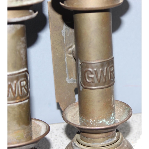 266 - Pair of reproduction GWR style lamps with wooden backing mounts, approx 38cm