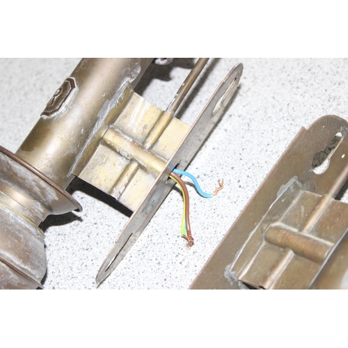 266 - Pair of reproduction GWR style lamps with wooden backing mounts, approx 38cm