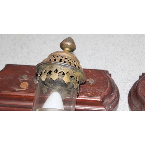 266 - Pair of reproduction GWR style lamps with wooden backing mounts, approx 38cm