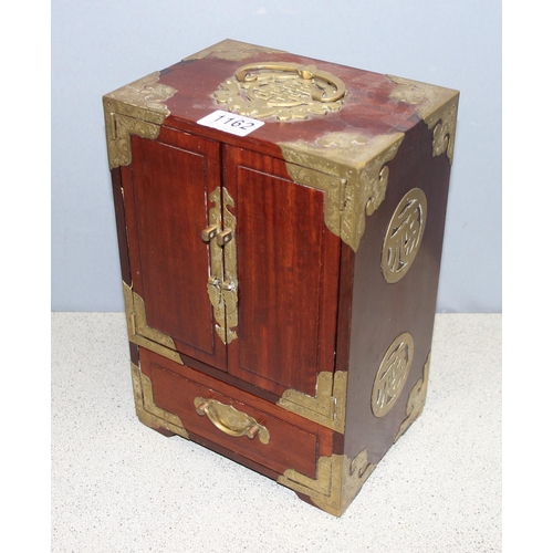 1162 - Oriental style wooden jewellery box with some contents to include silver, approx 21cm W x 15cm D x 3... 