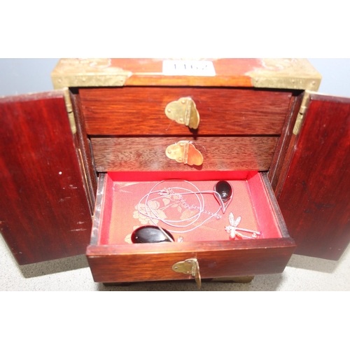 1162 - Oriental style wooden jewellery box with some contents to include silver, approx 21cm W x 15cm D x 3... 