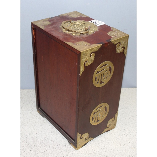 1162 - Oriental style wooden jewellery box with some contents to include silver, approx 21cm W x 15cm D x 3... 