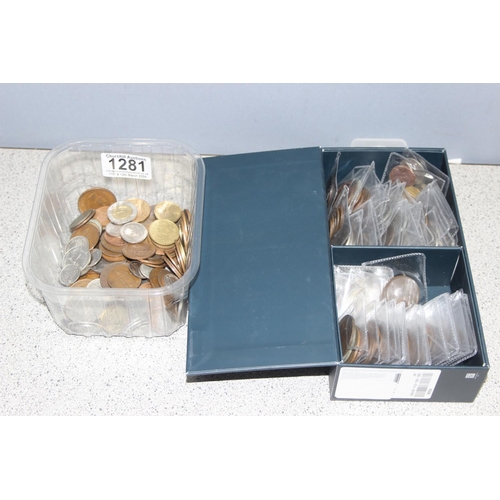 1281 - Qty of assorted mixed world and British coins, some in plastic sleeves, approx 1.7kg gross