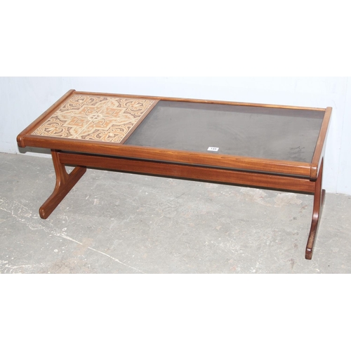 149 - A retro G-Plan tile topped and smoked glass coffee table, approx 121cm wide x 48cm deep x 46cm tall