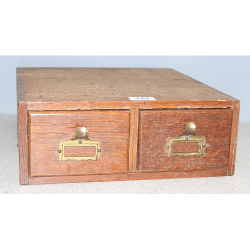 151 - A small vintage oak 2 drawer index card drawer with brass handles, approx 34cm wide x 38cm deep x 12... 
