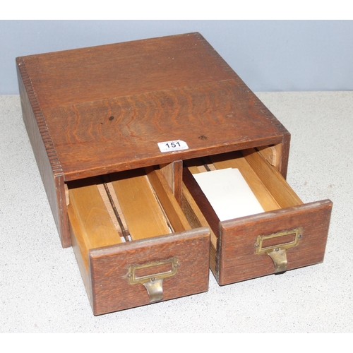 151 - A small vintage oak 2 drawer index card drawer with brass handles, approx 34cm wide x 38cm deep x 12... 