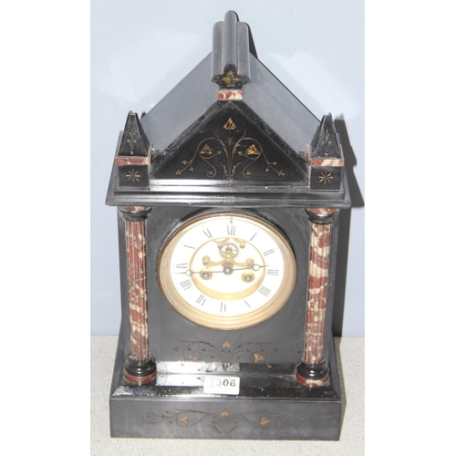 1306 - Vintage French slate mechanical mantel clock with marble column details and carving, approx 44 x 26 ... 