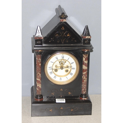 1306 - Vintage French slate mechanical mantel clock with marble column details and carving, approx 44 x 26 ... 