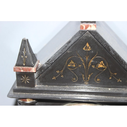 1306 - Vintage French slate mechanical mantel clock with marble column details and carving, approx 44 x 26 ... 