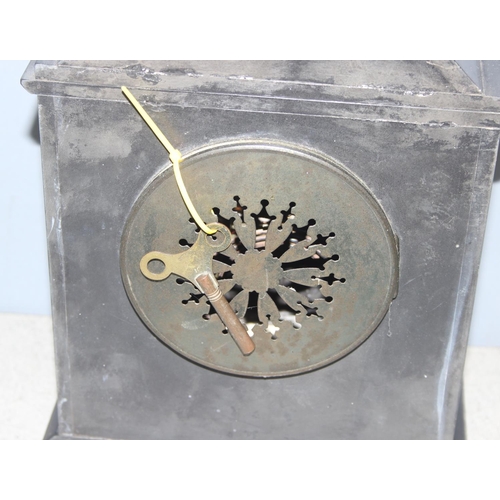 1306 - Vintage French slate mechanical mantel clock with marble column details and carving, approx 44 x 26 ... 