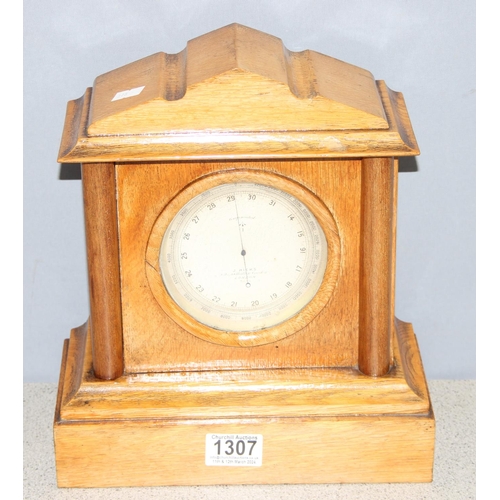 1307 - Antique barometer by J. Hicks of London mounted in light oak clock-case, approx 29cm H