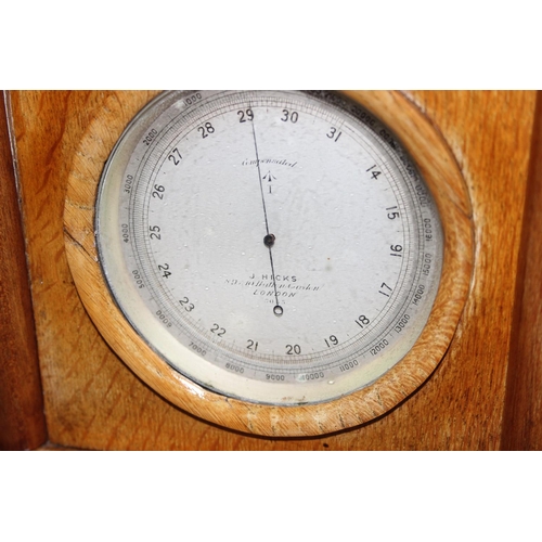 1307 - Antique barometer by J. Hicks of London mounted in light oak clock-case, approx 29cm H