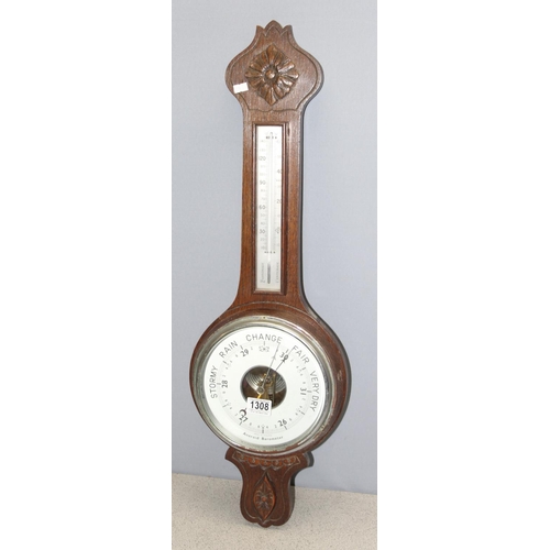 1308 - Vintage aneroid oak barometer