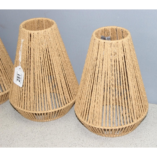 251 - Set of 3 retro style seagrass strung pendant lightshades, approx 28cm H