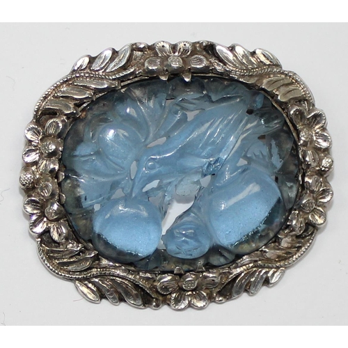 1155 - An unusual vintage Chinese silver and carved blue stone or glass centre depicting a bird amongst fol... 