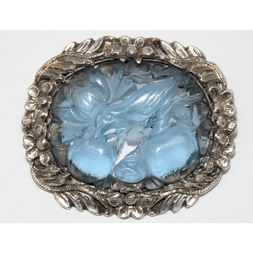 1155 - An unusual vintage Chinese silver and carved blue stone or glass centre depicting a bird amongst fol... 