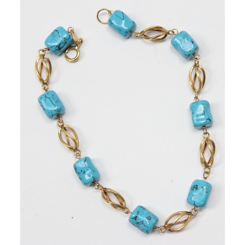 1160 - An 18ct gold and turquoise type bracelet, marked 750 and XRF confirmed, approx 18cm long, approx 5.8... 