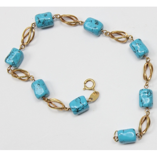 1160 - An 18ct gold and turquoise type bracelet, marked 750 and XRF confirmed, approx 18cm long, approx 5.8... 