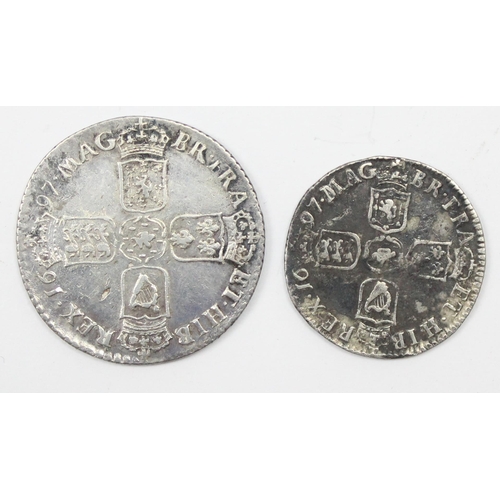 1200 - William III 1697 silver shilling coin, approx 25mm in diameter, approx 5.86g gross and a 1697 silver... 