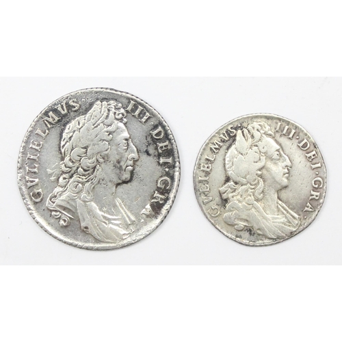 1200 - William III 1697 silver shilling coin, approx 25mm in diameter, approx 5.86g gross and a 1697 silver... 