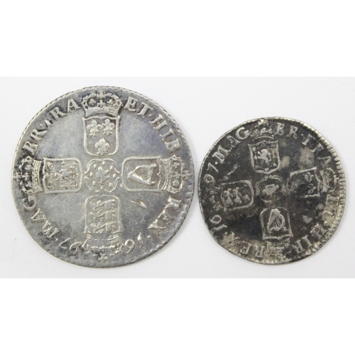 1200 - William III 1697 silver shilling coin, approx 25mm in diameter, approx 5.86g gross and a 1697 silver... 