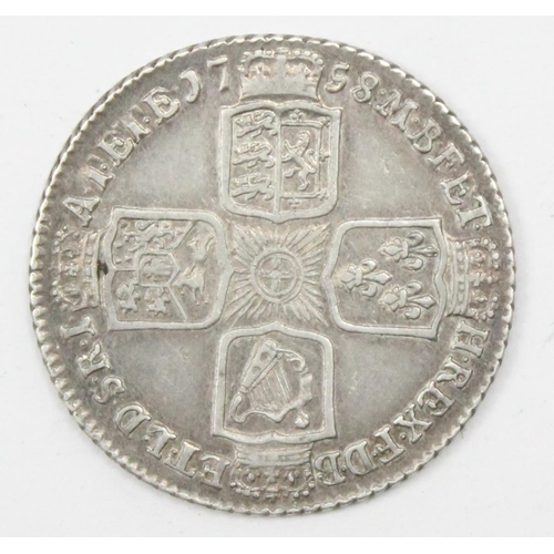 1203 - George II period 1758 silver shilling coin, exceptional details, approx 5.97g gross, approx 25mm in ... 