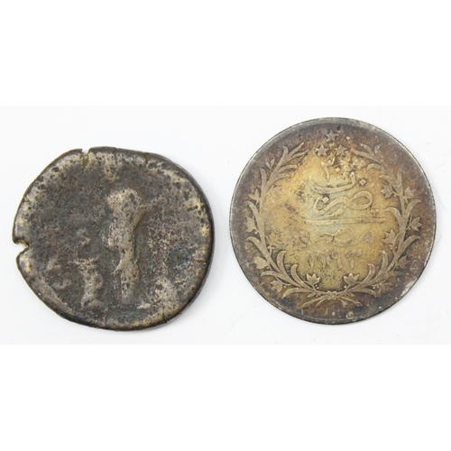 3 assorted larger Roman or ancient bronze coins and a silver Arabic ...