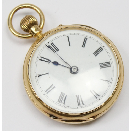 1300 - 18ct gold cased open face pocket watch, white enamel dial with roman numerals, case marked for Birmi... 