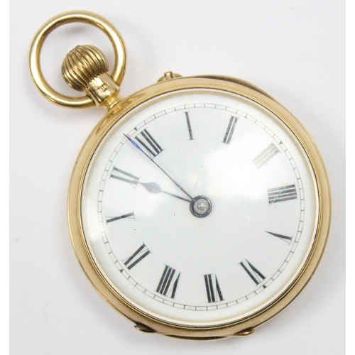 1300 - 18ct gold cased open face pocket watch, white enamel dial with roman numerals, case marked for Birmi... 