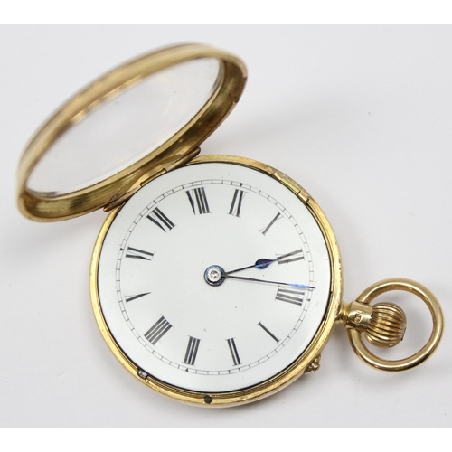 1300 - 18ct gold cased open face pocket watch, white enamel dial with roman numerals, case marked for Birmi... 