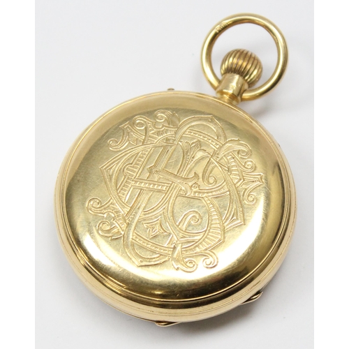 1300 - 18ct gold cased open face pocket watch, white enamel dial with roman numerals, case marked for Birmi... 