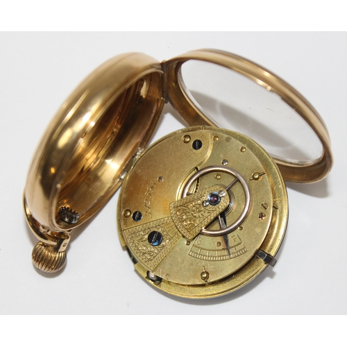 1300 - 18ct gold cased open face pocket watch, white enamel dial with roman numerals, case marked for Birmi... 